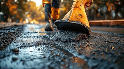 A worker uses a hand tamper to compact asphalt during road construction.