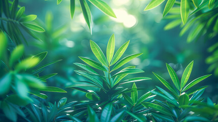 Green tropical leaves creating relaxing jungle background