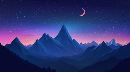 Wall Mural - Night Sky with Crescent Moon and Mountain Silhouette