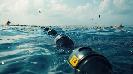 Swimmers Glide Through Tranquil Ocean Waves Under Cloudy Skies