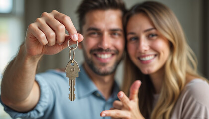 Wall Mural - Happy family couple buys a new house or apartment. Blurry background shot of a smiling young married man and woman with a bunch of keys with a home pendant in soft