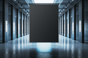 Poster - Contemporary office corridor with reflections and empty black mock up banner. 3D Rendering.