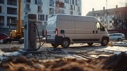 A utility van being charged at a construction site charging point.