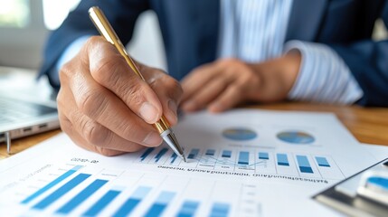 Poster - In a well-lit office, a business professional focuses on financial reports, using a pen to highlight data on charts and graphs while a laptop is nearby, indicating active analysis