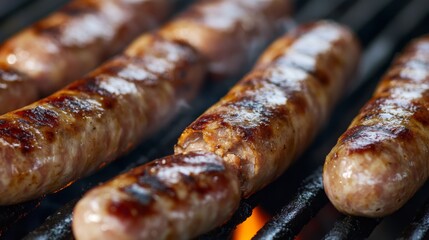 Wall Mural - A close-up of pork sausages sizzling on a barbecue grill, the casings crisping up and the juices bubbling with flavor.