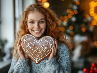 Wall Mural - Woman holding a large gingerbread heart with a sweet message, smiling and enjoying the treat, festive mood