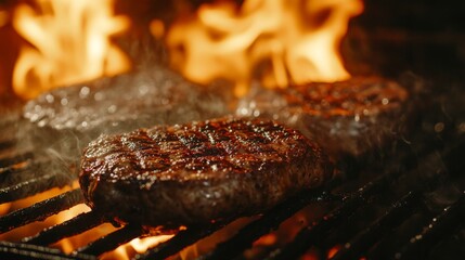 A close-up of sizzling meat on a grill, with flames licking the surface, capturing the essence of outdoor cooking and barbecue.