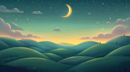 Wall Mural - Dreamy Night Sky with Crescent Moon Over Rolling Green Hills Landscape.