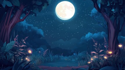 Wall Mural - Enchanted Forest Night Scene with Full Moon and Glowing Fireflies.