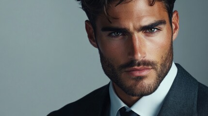 Poster - A close-up portrait of a dapper man in a formal suit, with a clear focus on his facial expressions and sharp, clean lines of his attire against a plain background