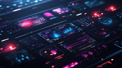 Poster - Futuristic Digital Interface with Glowing Blue and Pink Lines and Data Visualization.