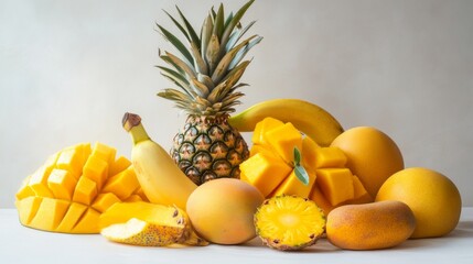 Poster - A collection of assorted yellow fruits, including bananas, mangoes, and pineapples, arranged on a white surface to highlight their fresh and vibrant colors.