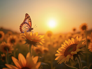 A butterfly with iridescent wings slowly flutters over a vibrant meadow of exotic sunflowers at sunset. A stunning sight that captures the beauty of nature 