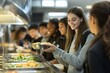 © Larisa - Smiling girl in cafeteria line with diverse friends