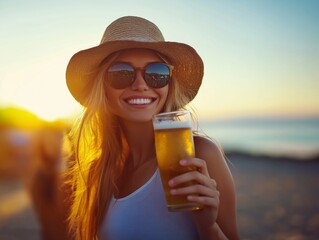 Wall Mural - Woman enjoying a refreshing radler  in the afternoon sun, light and refreshing