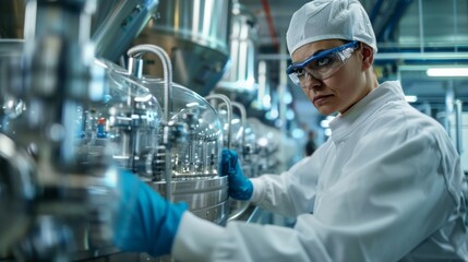Poster - A woman in a white lab coat is wearing blue gloves