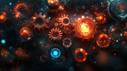 Abstract Glowing Gears, Futuristic Technology Background.