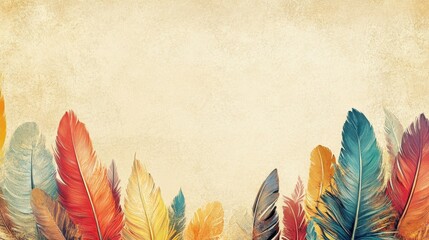 Colorful Feathers on Vintage Paper Background with Copy Space for Text