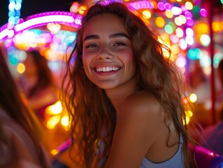 Wall Mural - Friends enjoying a ride on a Ferris wheel at an Oktoberfest fair, colorful lights and excitement in the air