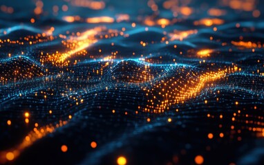 Poster - Abstract Blue and Orange Digital Network Pattern with Glowing Lights.