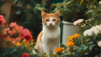 Poster - A cute cat sitting calmly in a garden, surrounded by colorful flowers and greenery, with a peaceful expression.