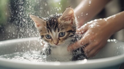 Poster - A cute kitten being bathed in a small tub, with its owner gently washing it and playful water splashes, capturing the interaction and cuteness.