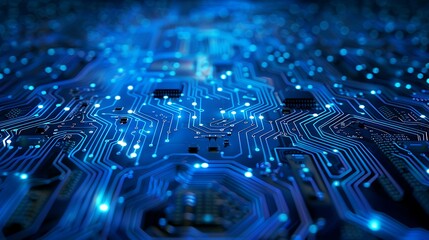 Poster - Close-up of a circuit board showcasing intricate blue lines and glowing lights, symbolizing the digital world and technological advancements.