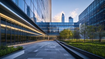 Wall Mural - Sleek Modern Office Buildings with Lush Landscaping at Sunset