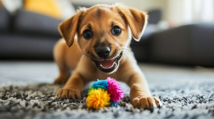 Poster - A cute puppy playing with a squeaky toy on a living room rug, its eyes full of excitement and its tail wagging furiously.