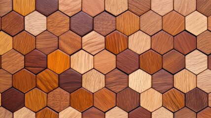 A beautiful arrangement of hexagonal wood pieces, showcasing natural grains and rich colors for unique decor and design.