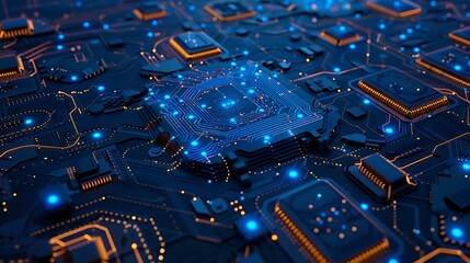 Fototapete - Close-up of microchip with glowing circuits for highlighting complexity and intricate design of modern technology electronic innovation and digital processing concept.