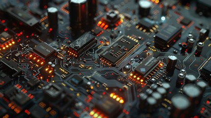 Poster - Close-up view of a circuit board with glowing lights. The image showcases the intricate details of electronic components and wiring, highlighting the complexity and beauty of modern technology.