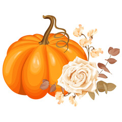 Wall Mural - Vector illustration, an orange pumpkin combines with a white rose, beige flowers, and brown eucalyptus leaves to create a soft and elegant fall-themed composition.