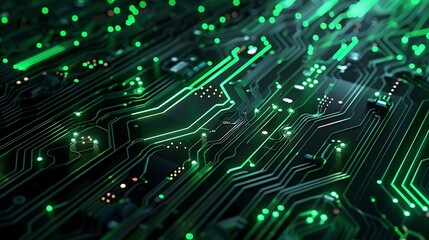 Poster - Close-up image of a circuit board with glowing green lines, highlighting the intricate pathways of data and information flow.
