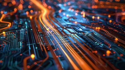 Poster - Close-up view of a circuit board with glowing wires, representing the intricate network of data and communication within a digital system evokes a sense of complexity innovation and modern technology.