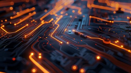 Poster - Close-up of a circuit board with glowing orange lines, highlighting the intricate network of electronic components and data flow.