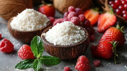 Organic coconut flour, fresh fruits and leaf on light grey table, closeup. Made with generative ai
