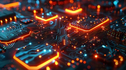 Poster - Close-up image of a circuit board, with glowing orange and blue lights illuminating the intricate wiring and components.