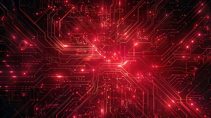 Poster - Abstract Red circuit board with glowing red lines and patterns, representing the interconnected nature of technology and the digital world.
