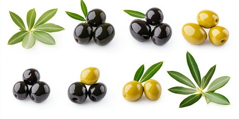 Wall Mural - A collection of different colored olives and leaves. The olives are black, green, and purple