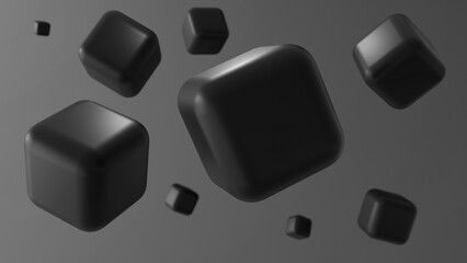 Poster - Black background. Volumetric cubes float in air. Dark backdrop. Stylish background for site. Black texture for design. Pattern with flying cubes. Three-dimensional background. 3d image