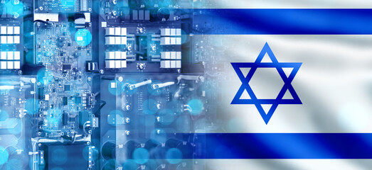 Poster - Cyber board with Israel flag. PCB Israeli symbol. Production computer boards. Microelectronics industry in Israel. Production components for computer industry. Supplies microelectronics to Israel