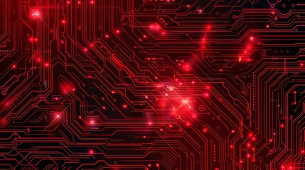 Poster - Abstract digital background of a red circuit board with glowing lines and connections.