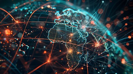 Poster - Close-up of a digital globe with lines and nodes representing connections, data flow, and communication across the world.