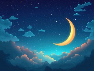 Wall Mural - Cartoon Night Sky with Crescent Moon, Stars, and Clouds - Dreamy Illustration.