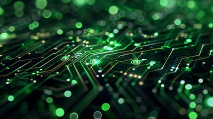 Fototapete - Abstract digital illustration of green circuit board with glowing lights for representing technology and innovation in modern electronic data system development concept.