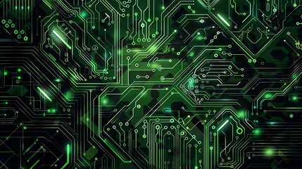 Poster - Abstract Green circuit board background with intricate lines and patterns, showcasing the complex world of technology and digital innovation.