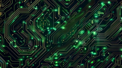 Poster - Close-up of a circuit board with glowing green lines and intricate patterns, representing the complexity and beauty of modern technology.