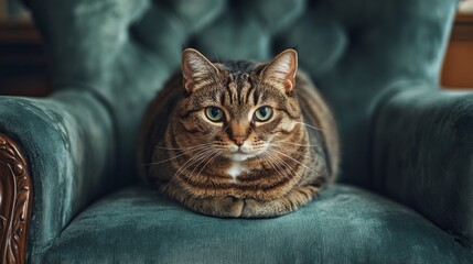Aufkleber - A fat cat perched on a plush armchair, looking directly at the camera with an inquisitive expression.
