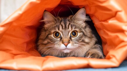 Poster - A fat cat playing hide-and-seek with a crinkle tunnel, its head poking out curiously, in a fun and engaging environment.